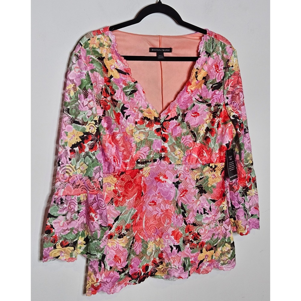Boston Proper NEW Printed V Neck Scalloped Lace Top Floral Womens Large Vibrant - Picture 2 of 5